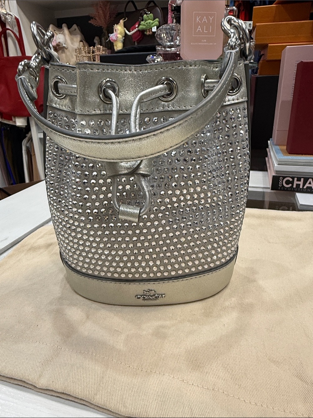 New Coach Metallic Silver Crystal-Embellished Bucket mini Bag